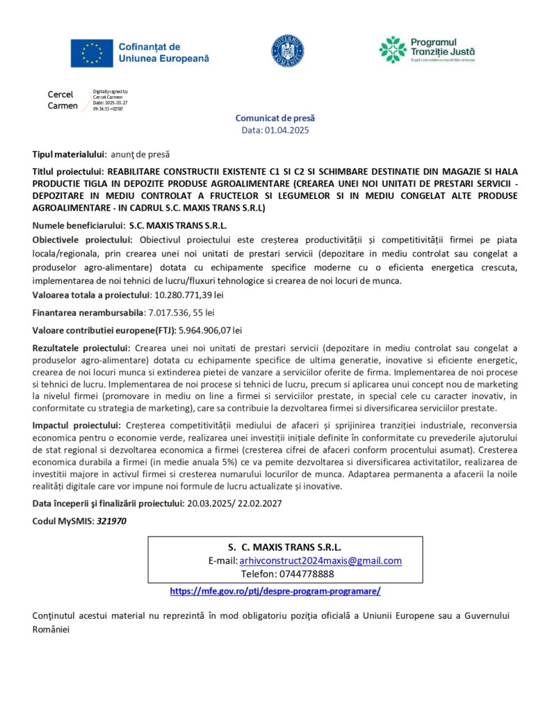 REABILITARE CONSTRUCTII EXISTENTE C1 SI C2 SI SCHIMBARE DESTINATIE DIN MAGAZIE SI HALA PRODUCTIE TIGLA IN DEPOZITE PRODUSE AGROALIMENTARE